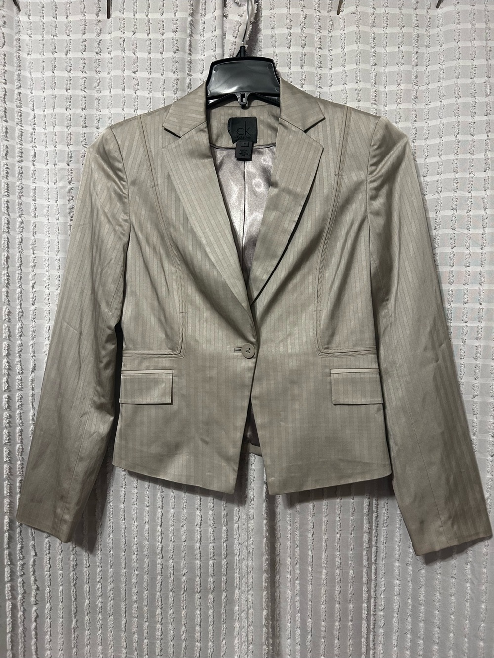 Calvin Klein Womens Champagne Taupe Pinstripe Single Button Blazer Size 6